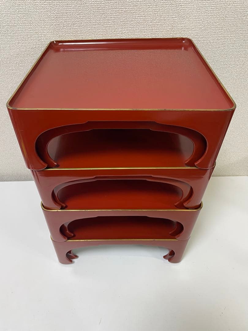 【現状品】漆器 輪島塗 朱塗 金彩 脚付膳 重ね膳 4客 8個 割烹屋 懐石②