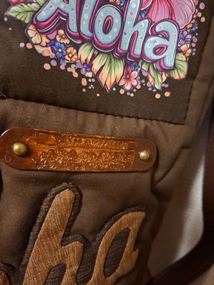 ハワイアンキルト　バッグ　ファスナー　2WAY ハイビスカス　革タグチャーム付
