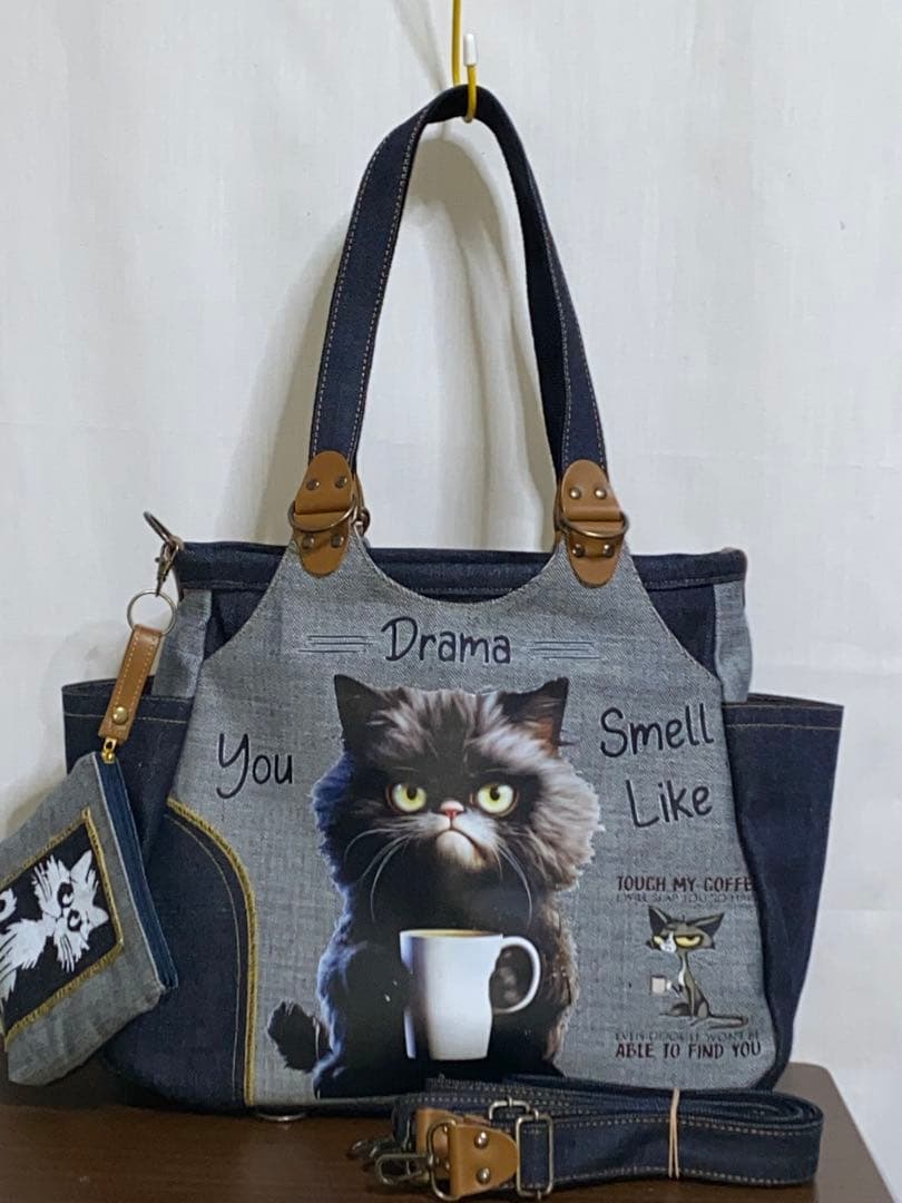 セール☆ハンドメイド☆岡山デニム☆黒ネコ☆リュック対応☆4wayあおりバッグ